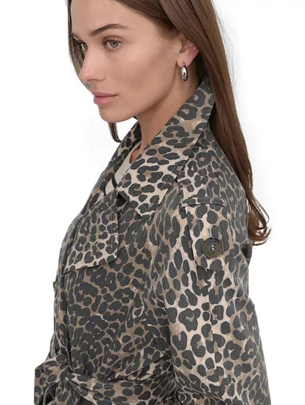 DKNY Women's Belted Double-Breasted Trench Coat In The Color Leopard - Picture 12 of 15